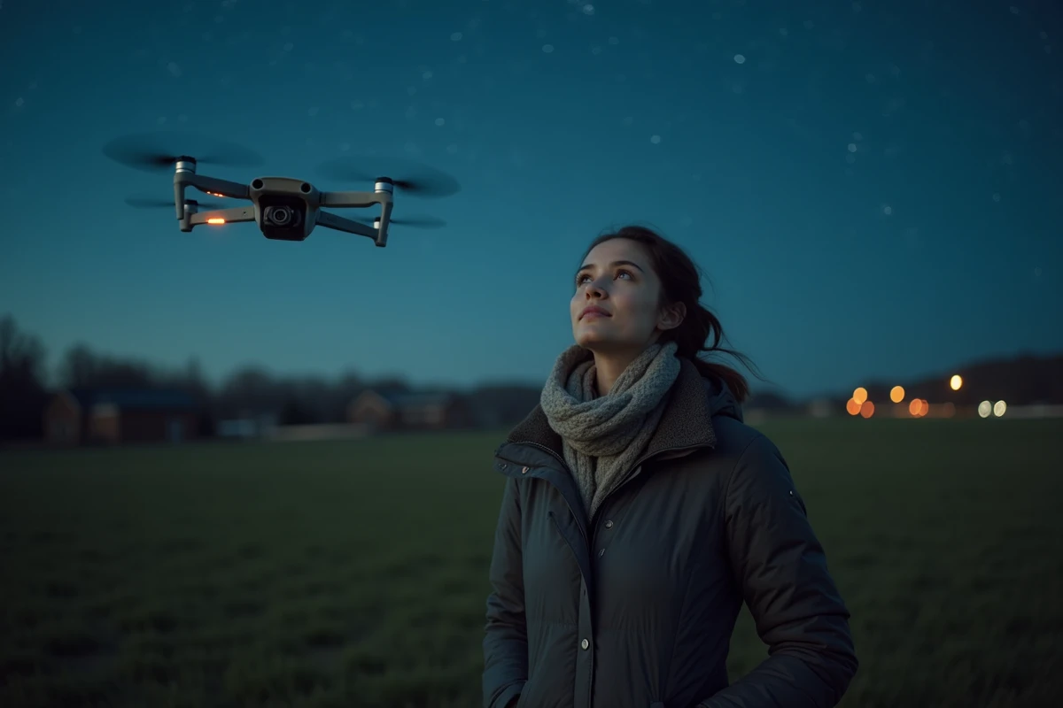 Jeune femme regardant un drone dans un champ la nuit