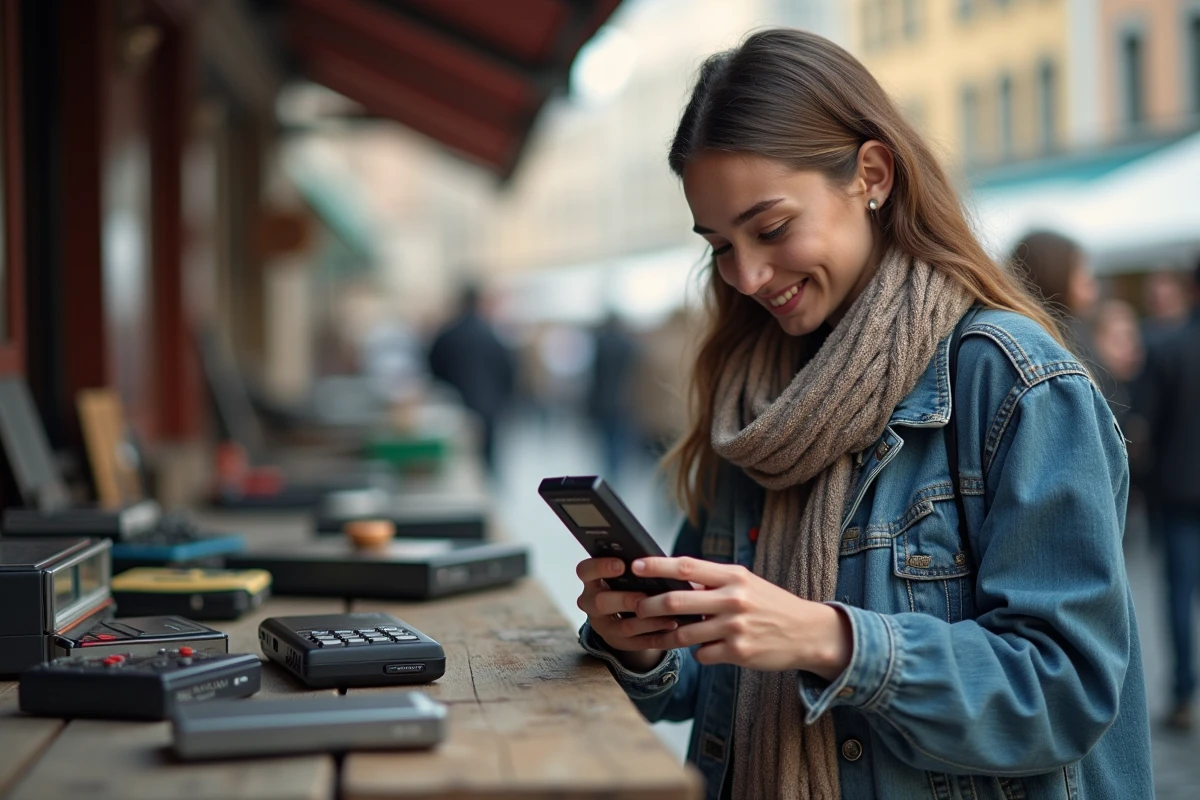 Jeune femme souriante inspectant un téléphone rétro
