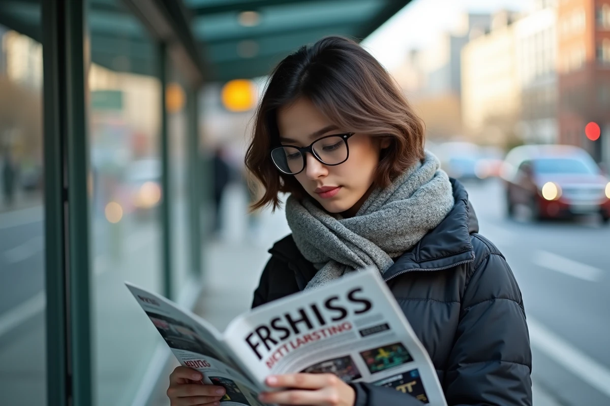 Jeune femme lisant un magazine technologique dans la rue