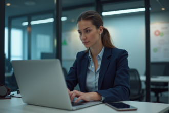 Jeune femme concentrée travaillant sur un ordinateur portable dans un bureau moderne