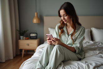 Jeune femme en pyjama regarde son smartphone dans la chambre