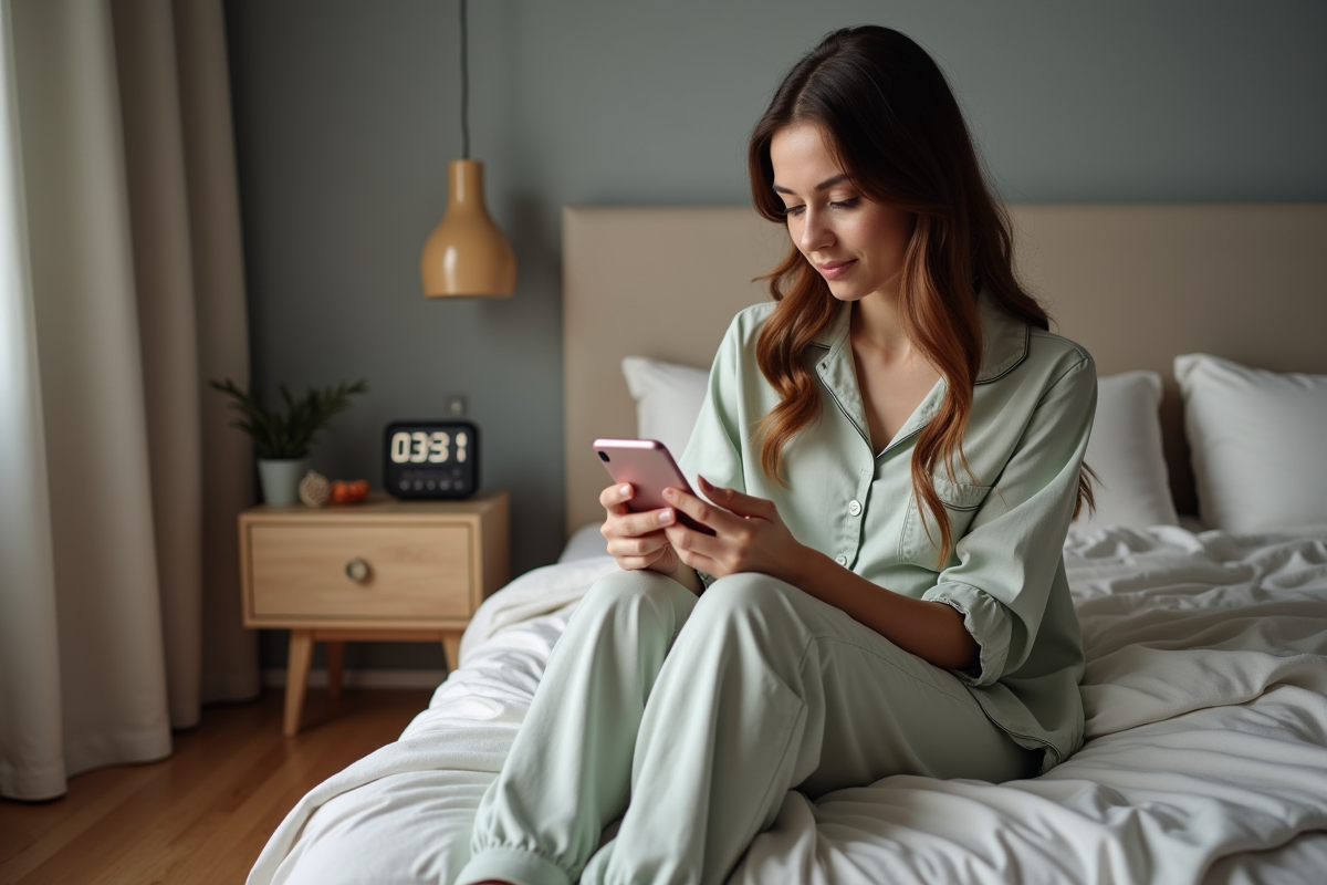 Jeune femme en pyjama regarde son smartphone dans la chambre