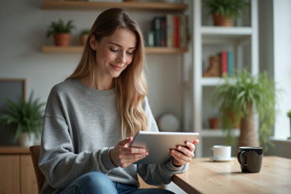 Jeune femme avec tablette dans un intérieur lumineux