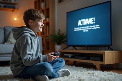 Adolescent concentré jouant à la console dans un salon moderne