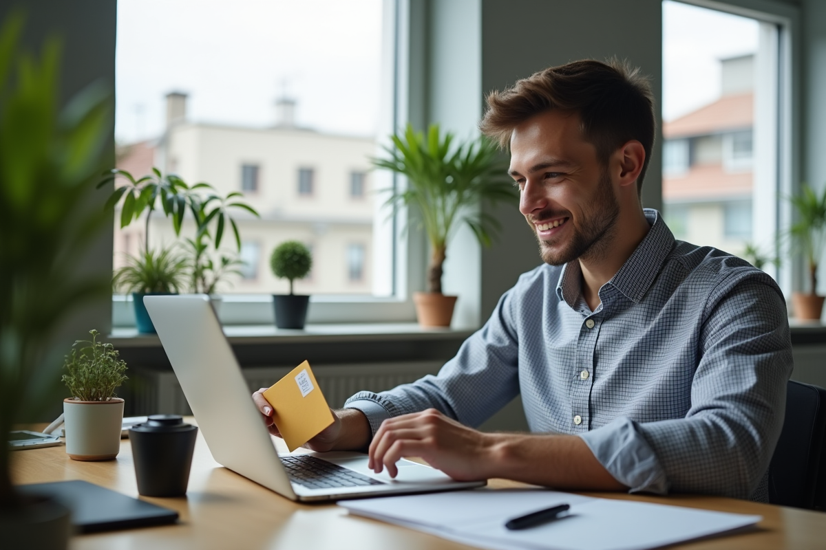 Jeune homme au bureau vérifiant son ordinateur et courrier