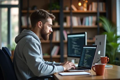Jeune homme en hoodie travaillant sur son ordinateur dans un bureau moderne