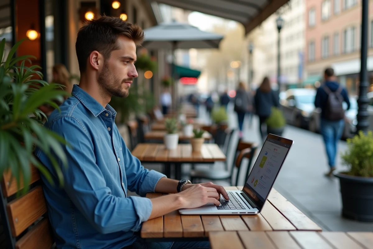 Jeune homme travaillant sur un ordinateur dans un café urbain
