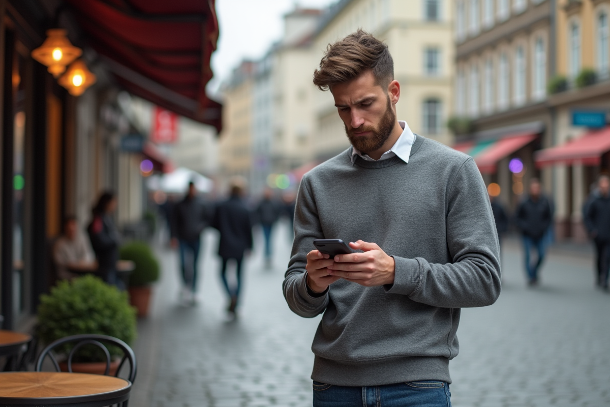 Jeune homme dans un café urbain regardant son smartphone