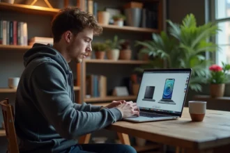 Jeune homme concentré sur un laptop avec comparaison de gadgets