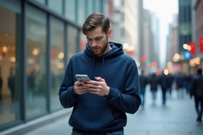 Jeune homme en hoodie regardant son smartphone en ville