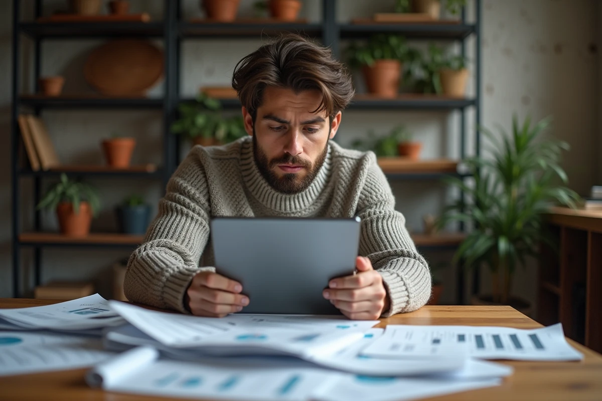 Jeune homme pensif avec documents et tablette à la maison