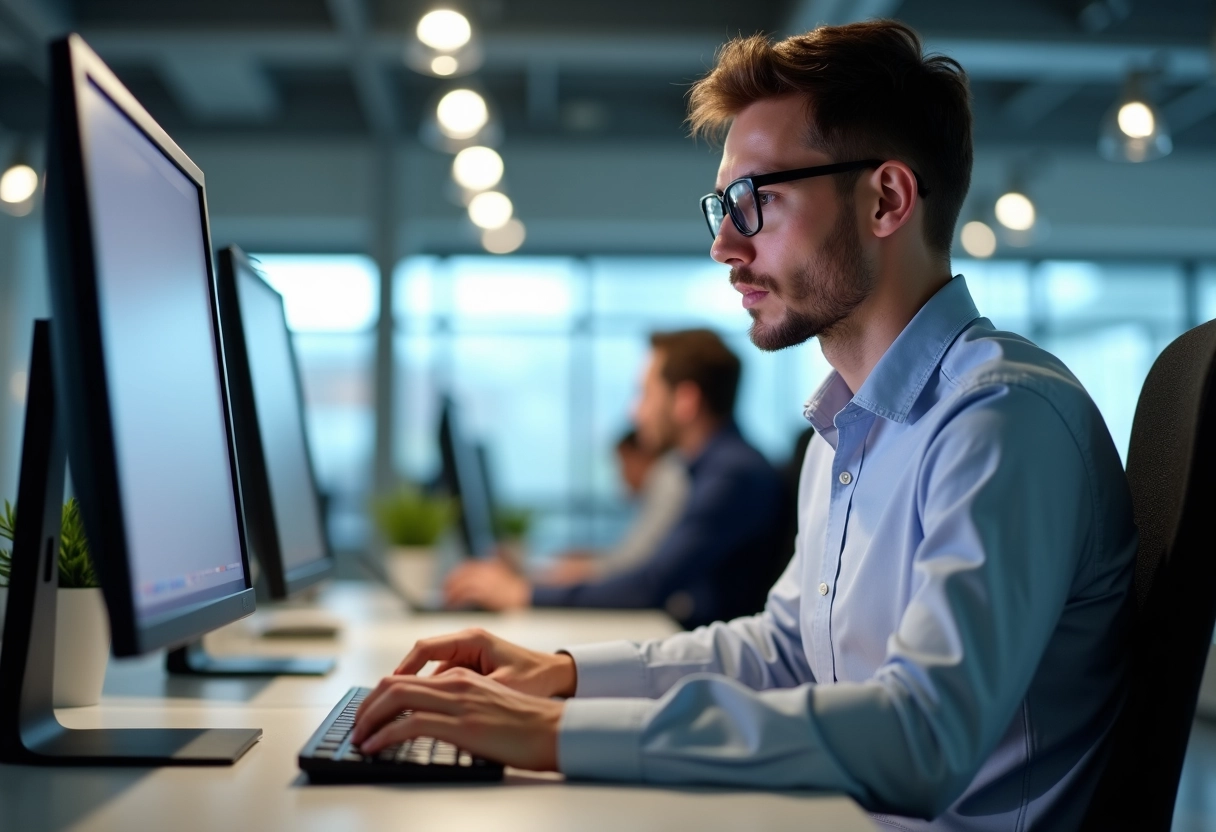 Jeune homme en open space configure son email sur un moniteur