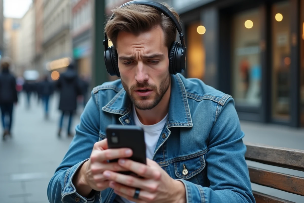 Jeune homme avec casque utilisant son téléphone en ville