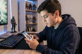 Joueur free-to-play utilisant des codes Saint Seiya Legend of Justice sur son smartphone à son bureau gaming