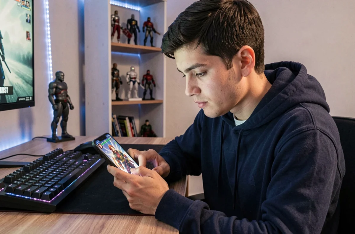 Joueur free-to-play utilisant des codes Saint Seiya Legend of Justice sur son smartphone à son bureau gaming