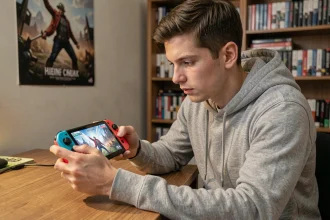 Joueur adulte utilisant une Nintendo Switch en mode portable pour jouer à Sonic Frontiers, astuces pour réduire les lags et chutes de FPS