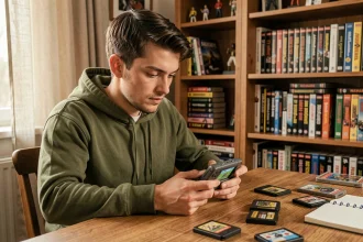 Jeune homme jouant à un jeu Pokémon sur une console Game Boy Advance dans une chambre confortable entourée de jeux vidéo