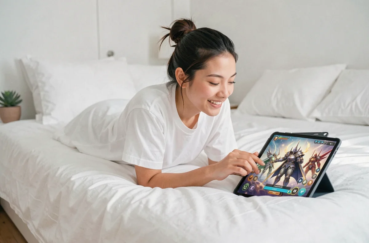 Jeune joueuse entrant un code promo Saint Seiya Legend of Justice sur sa tablette dans sa chambre