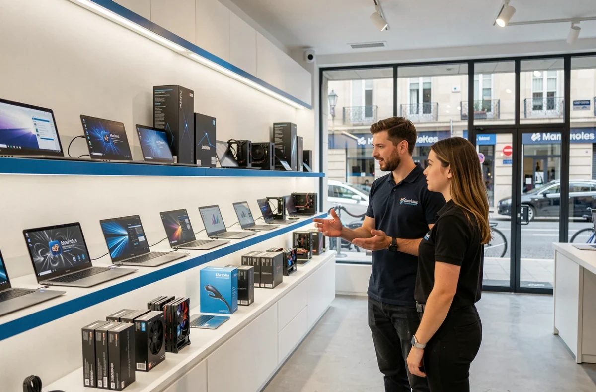 Vendeur chez LDLC Marseille présentant des ordinateurs portables à une cliente dans un magasin moderne