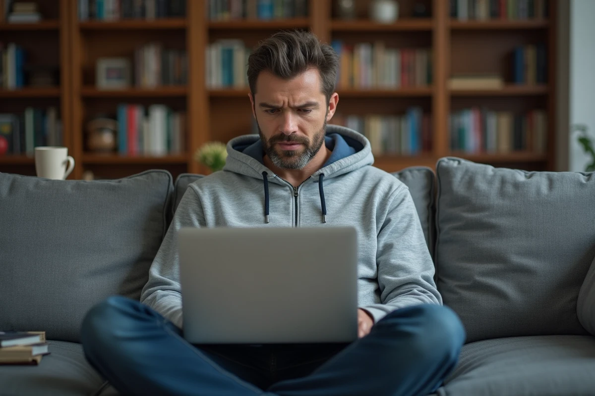 Homme consultant les paramètres de permissions d'un navigateur bloquant un logiciel depuis un canapé à la maison