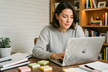 Femme utilisant un MacBook Air usé après plusieurs années d'utilisation quotidienne dans un bureau à domicile
