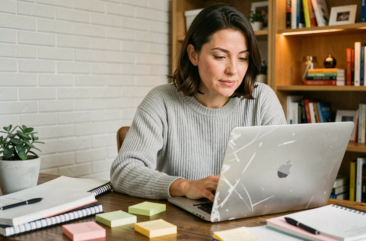 Femme utilisant un MacBook Air usé après plusieurs années d'utilisation quotidienne dans un bureau à domicile