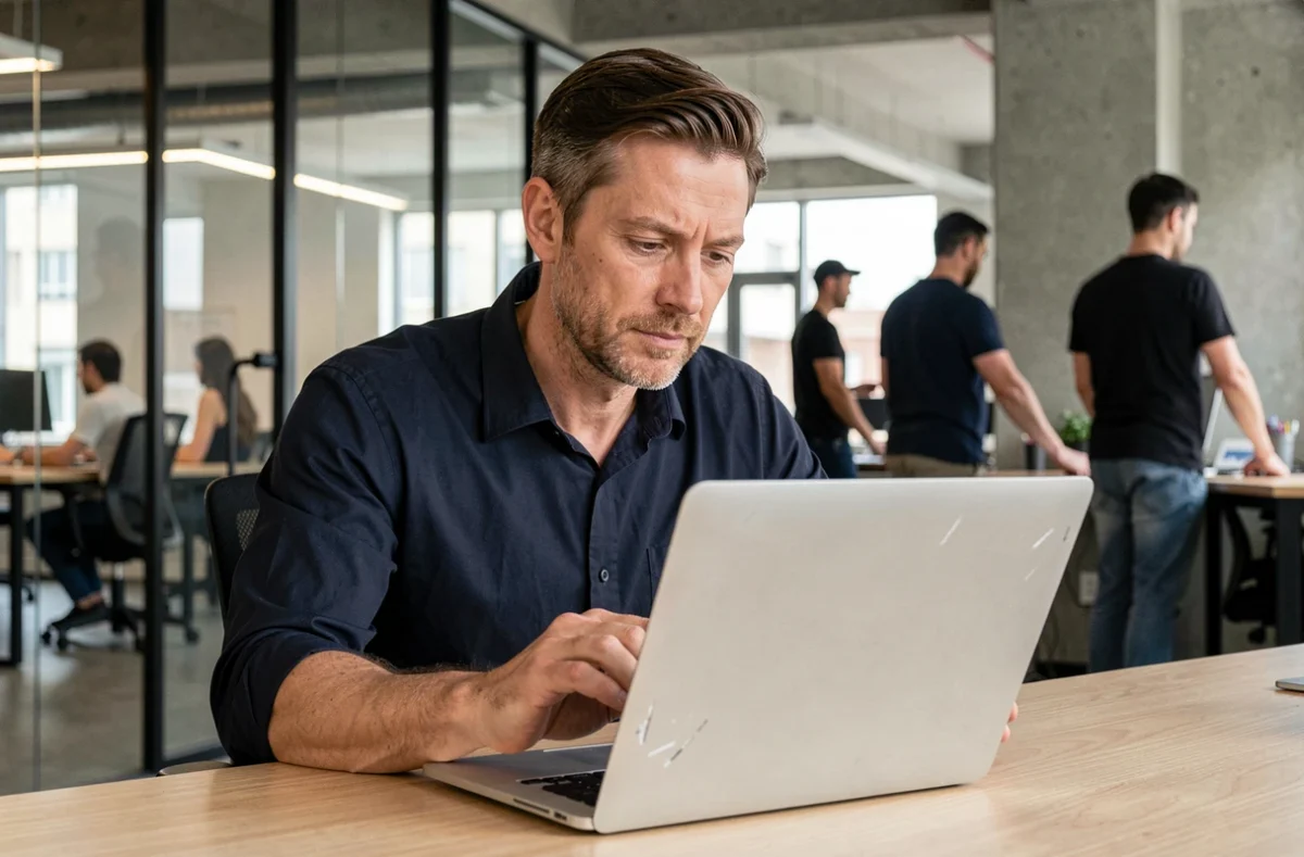 Homme inspectant un MacBook Air après plusieurs années d'usage dans un espace de coworking moderne