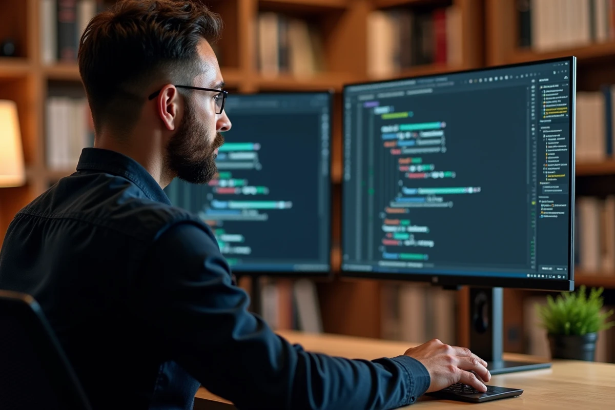 Homme programmant une macro VBA dans Excel sur un double écran pour automatiser la suppression des doublons