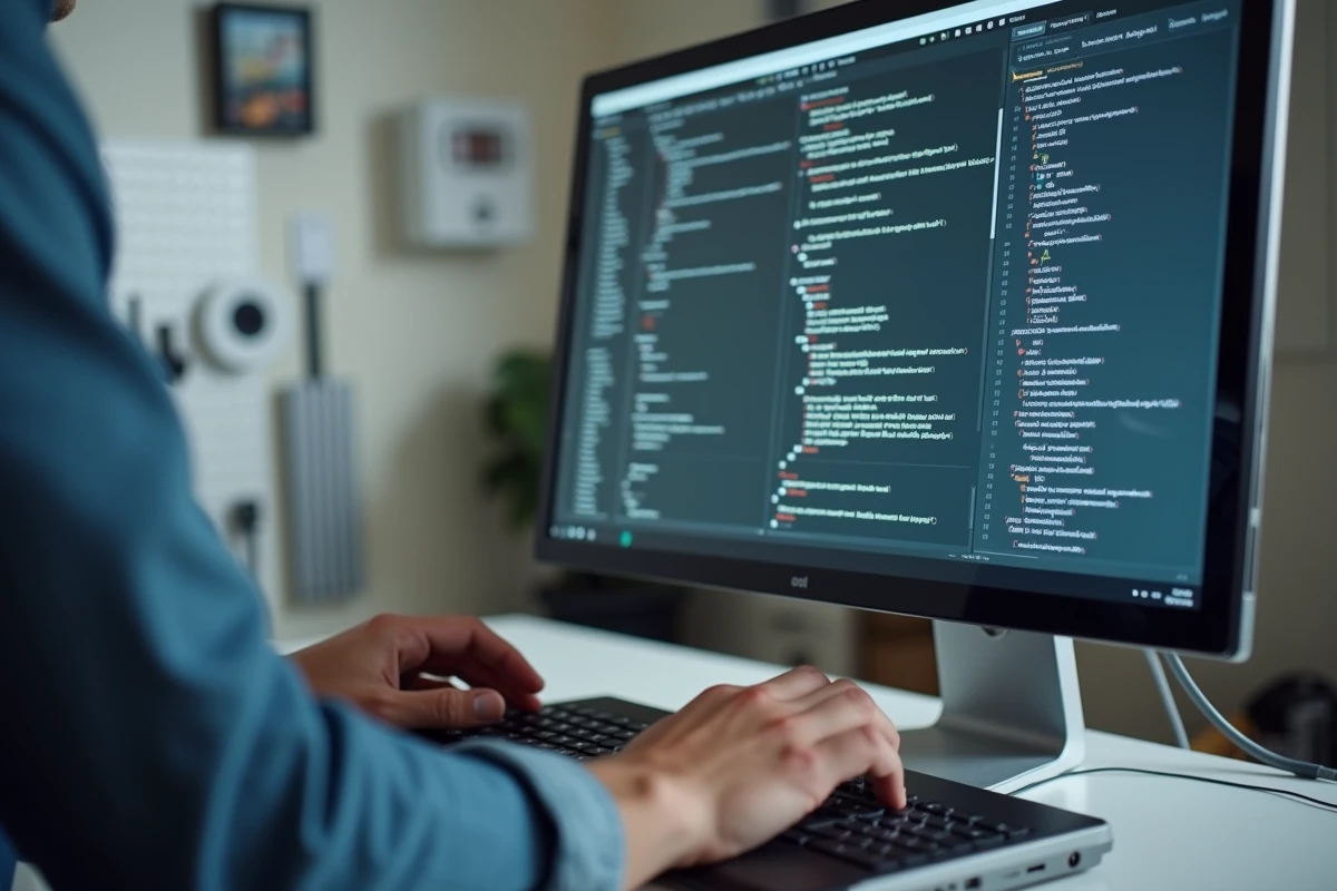 Mains d'un développeur configurant des scripts et extensions dans un espace de travail technologique épuré