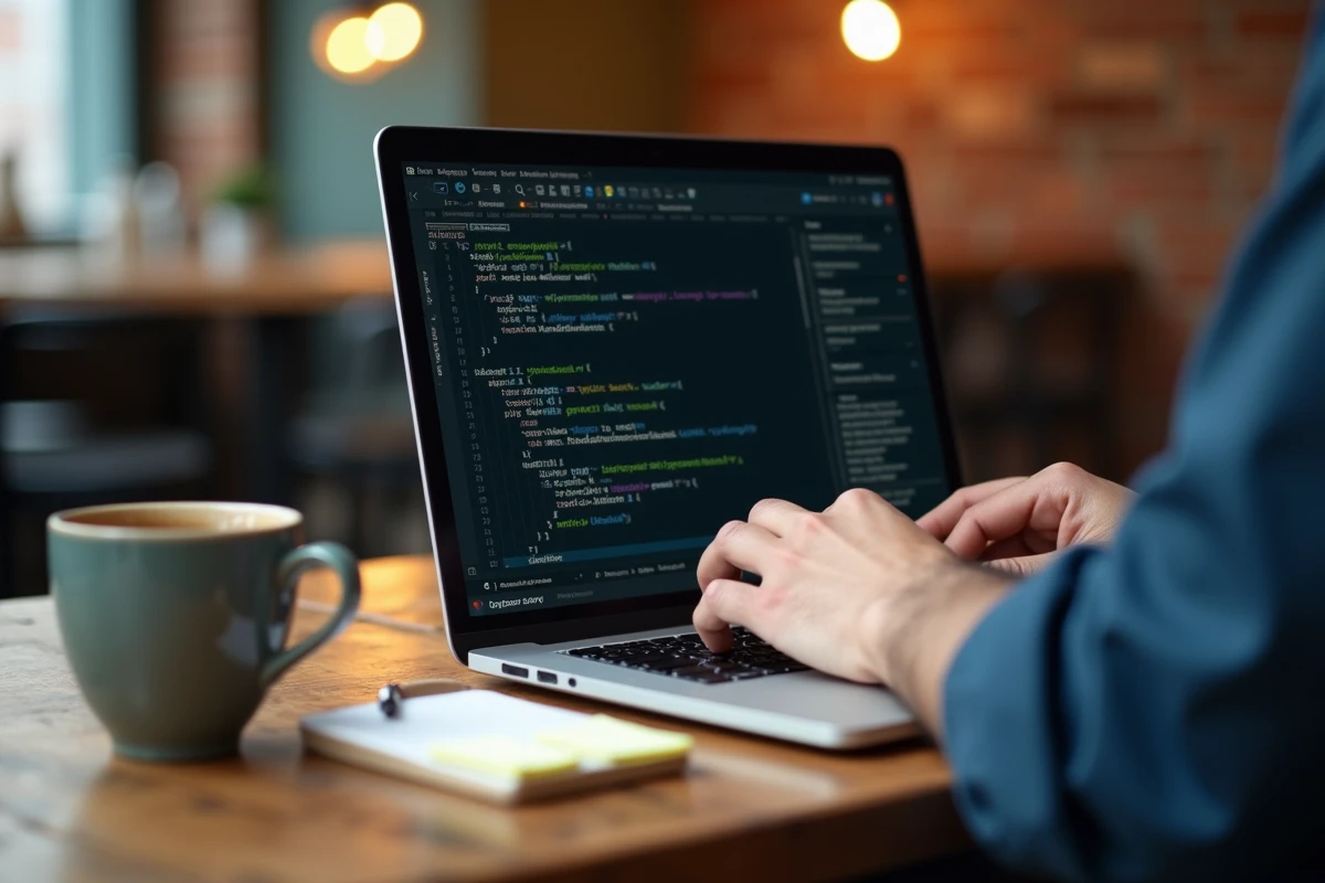 Mains de développeur exécutant la commande pip install -U dans un terminal depuis un café avec requirements.txt ouvert