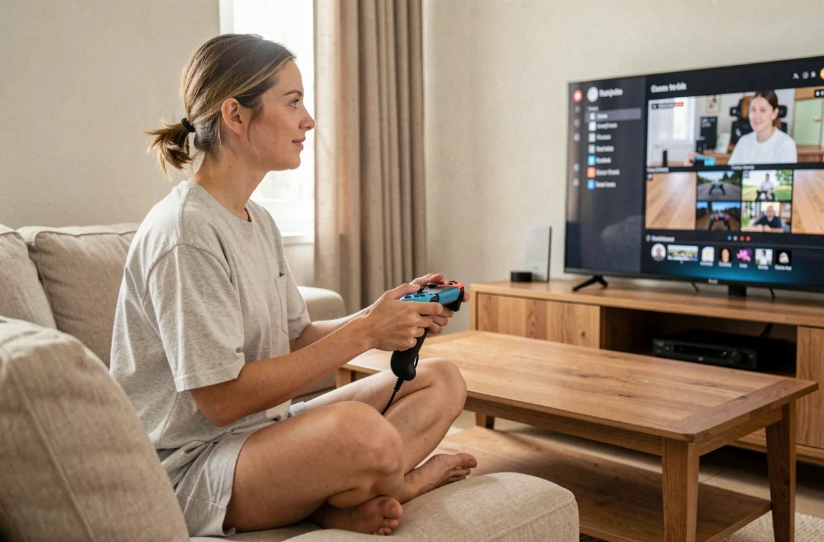 Jeune femme jouant sur PC depuis son canapé avec une manette Joy-Con Nintendo Switch connectée sans fil à un téléviseur