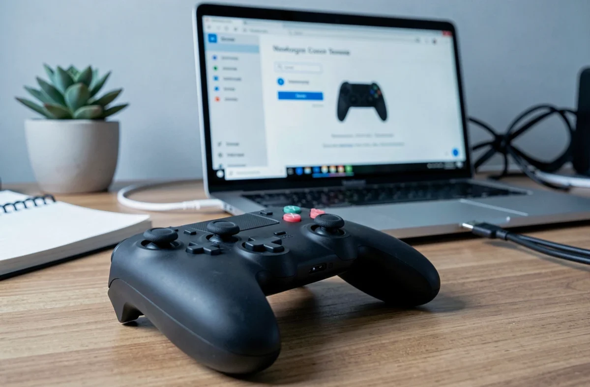 Manette Nintendo Switch Pro Controller posée sur un bureau avec un câble USB-C connecté à un ordinateur portable affichant les paramètres Bluetooth Windows