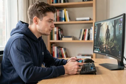 Jeune homme utilisant une manette Nintendo Switch Pro Controller connectée à un PC de bureau dans un bureau moderne