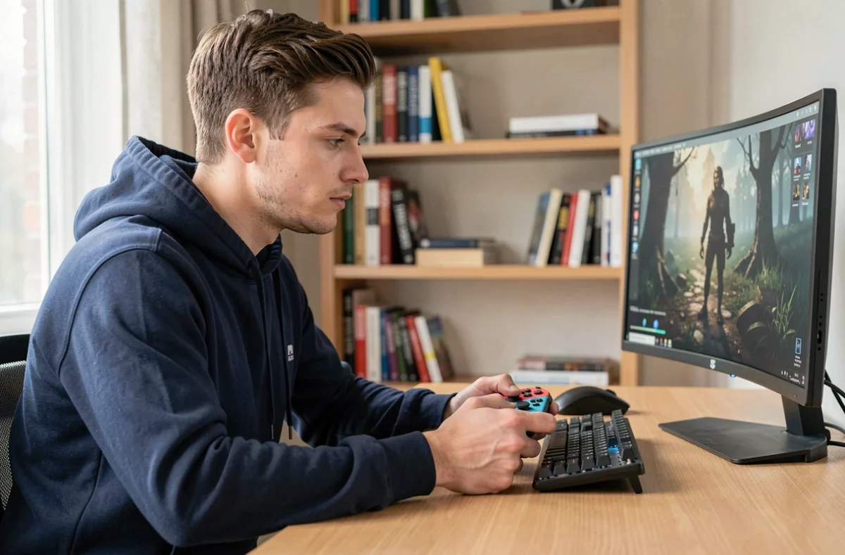 Jeune homme utilisant une manette Nintendo Switch Pro Controller connectée à un PC de bureau dans un bureau moderne