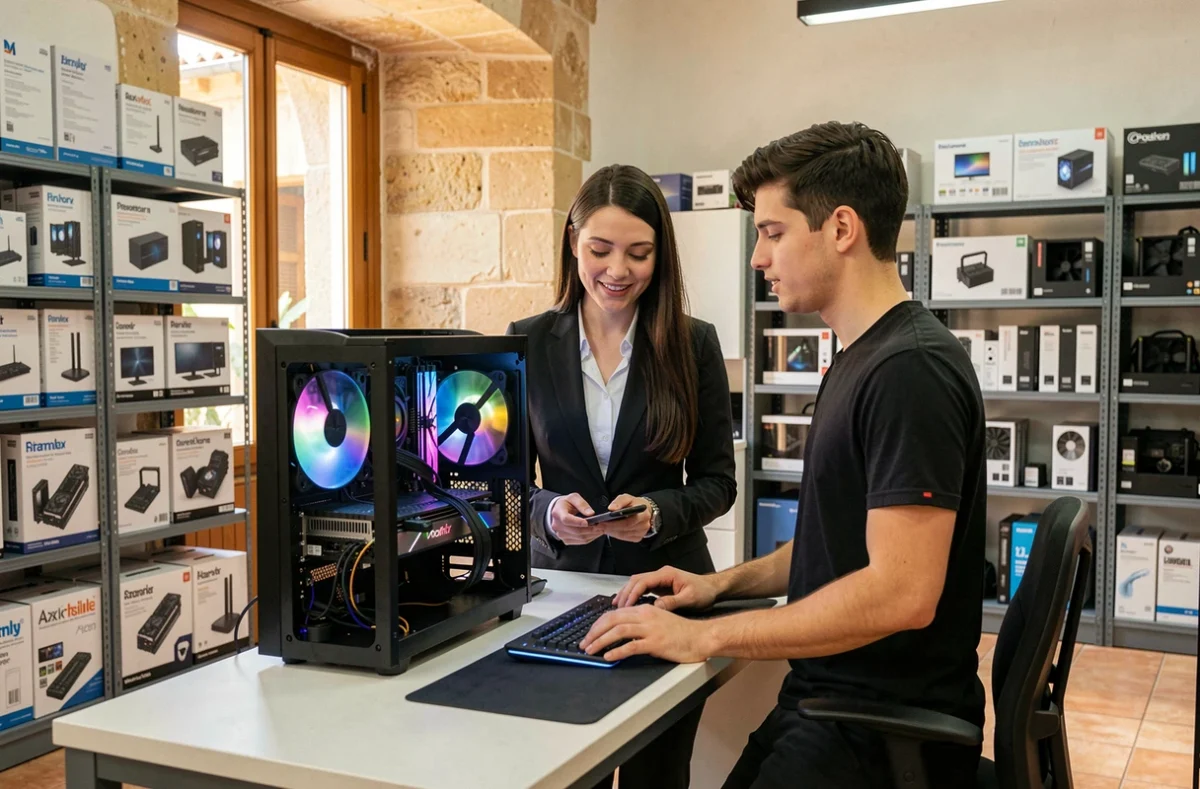 Employée de Materiel.net à Aix-en-Provence aidant un client devant un poste de démonstration informatique