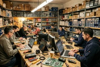 Vue d'ensemble d'un atelier de dépannage informatique à Marseille avec des techniciens au travail