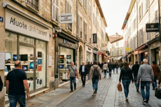 Vue d'ensemble de magasins d'informatique dans les Bouches-du-Rhône avec devantures modernes et passants