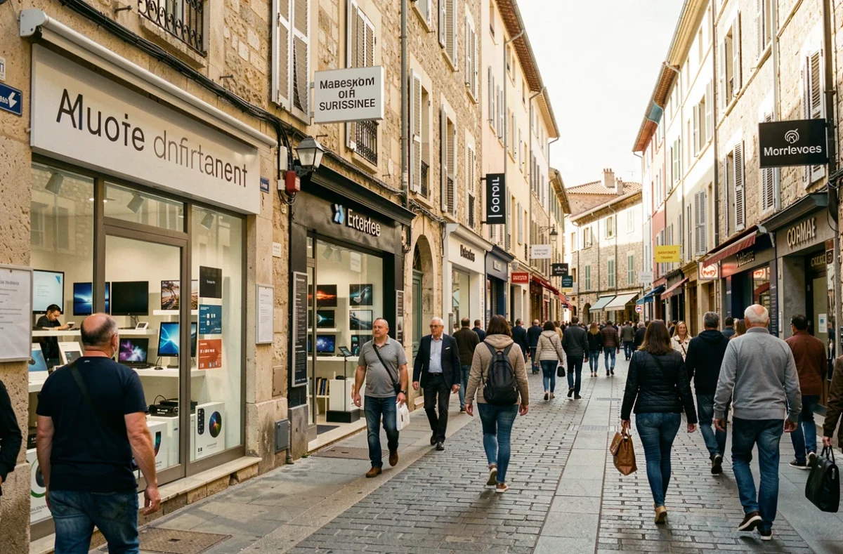 Vue d'ensemble de magasins d'informatique dans les Bouches-du-Rhône avec devantures modernes et passants