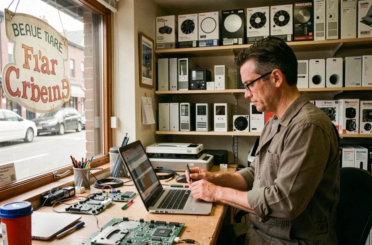 Technicien de Micro Concept réparant un ordinateur portable dans un atelier informatique de proximité