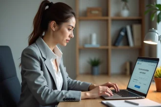 Femme professionnelle migrant ses emails depuis 1&1 vers IONOS Webmail sur un ordinateur portable dans un bureau à domicile