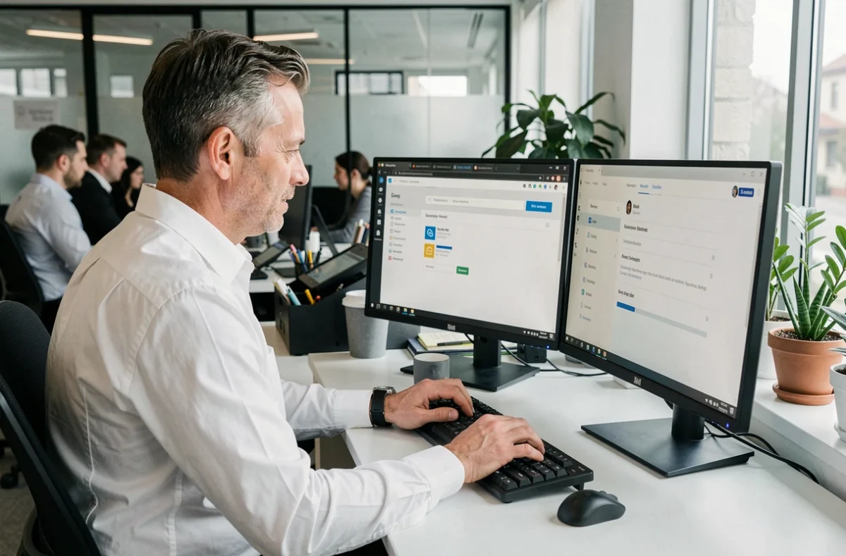 Employé configurant la migration de mails vers un webmail convergence sur un poste informatique en entreprise