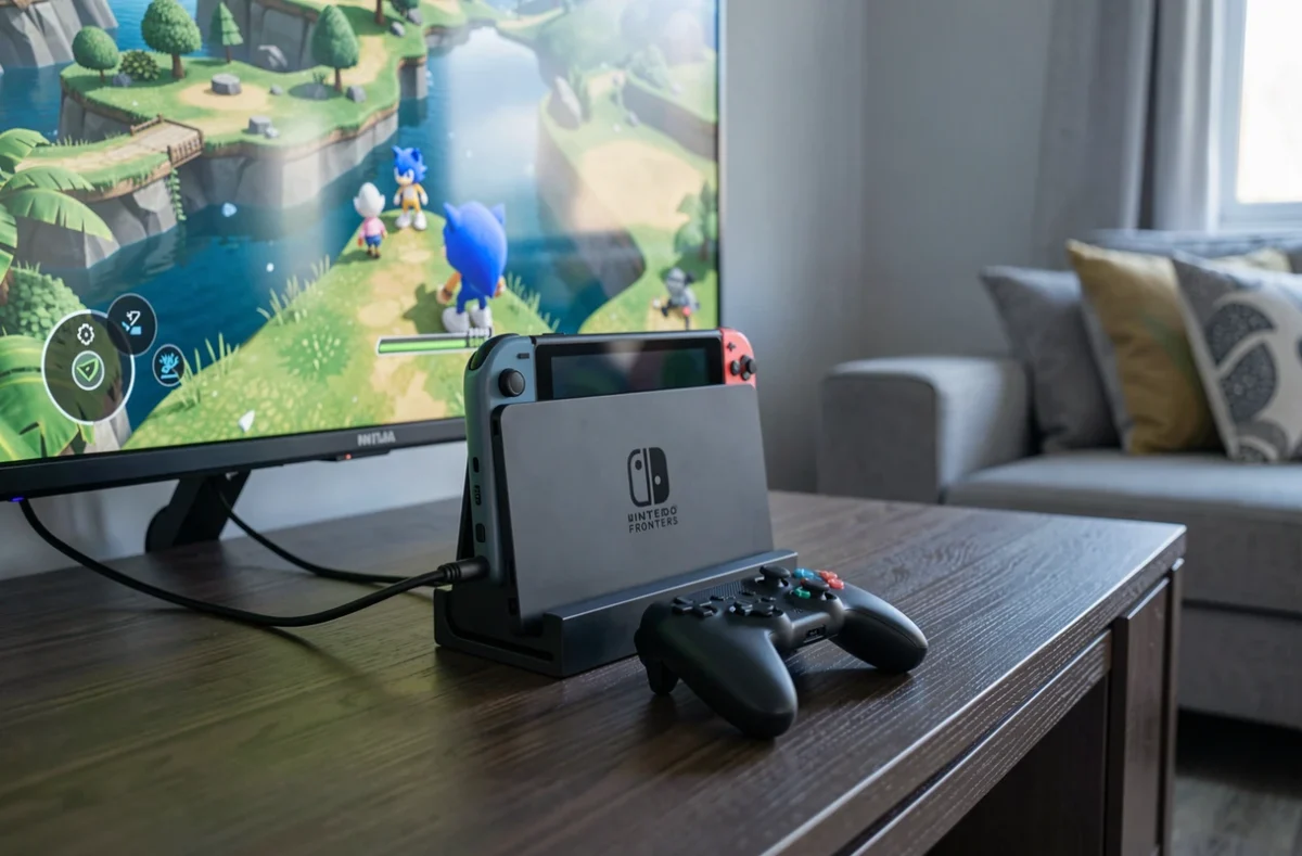 Nintendo Switch en mode TV avec Sonic Frontiers affiché à l'écran, configuration pour optimiser les performances et éviter les ralentissements