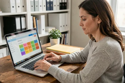 Femme organisant ses mails dans un webmail sur un ordinateur portable depuis un bureau à domicile bien rangé