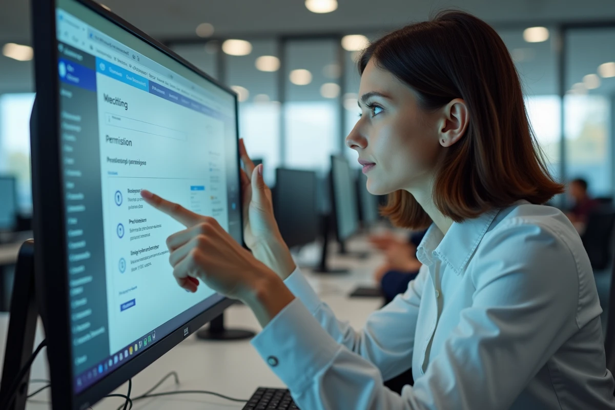 Femme professionnelle analysant les paramètres d'extensions de navigateur sur un ordinateur de bureau en open space