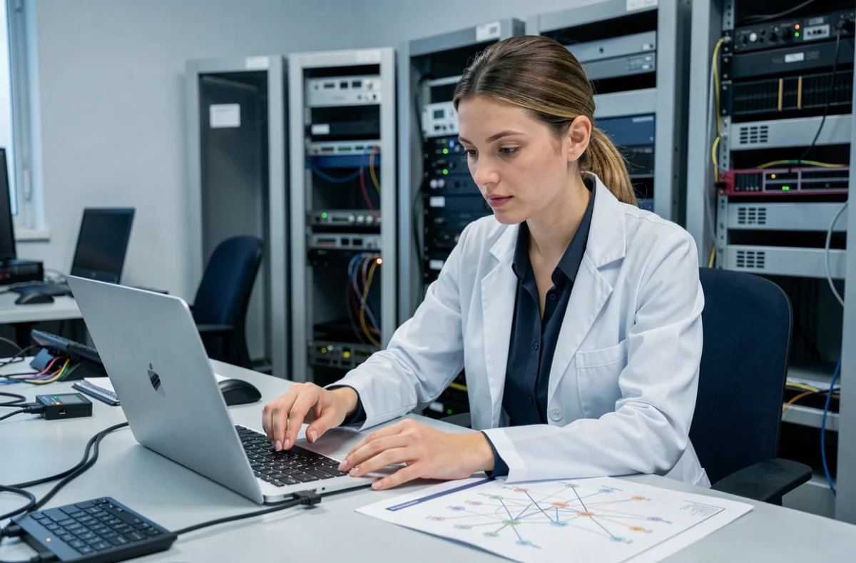 Technicienne PC'Link Informatique configurant une connexion réseau sur un ordinateur portable professionnel