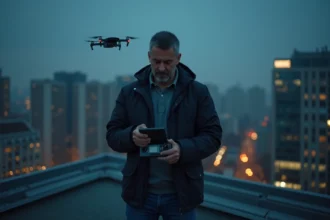 Pilote de drone urbain la nuit sur un toit en ville