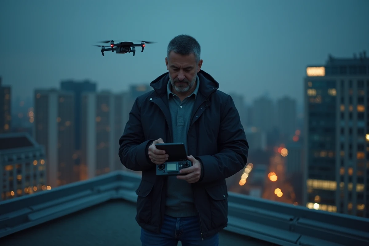 Pilote de drone urbain la nuit sur un toit en ville