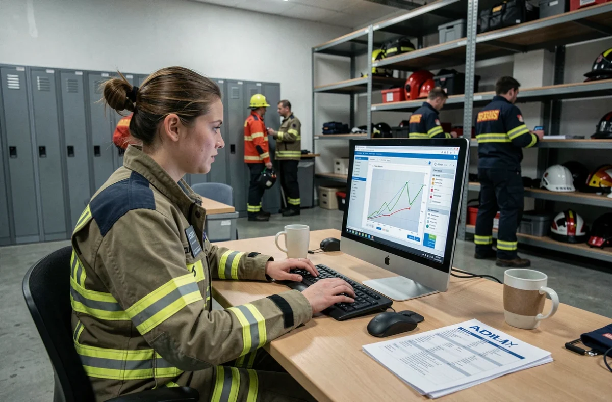Femme pompier consultant le suivi de formation Artemis SDIS 61 sur ordinateur dans une caserne de pompiers
