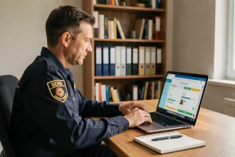 Sapeur-pompier en uniforme SDIS suivant une formation en ligne sur son ordinateur portable depuis son bureau à domicile