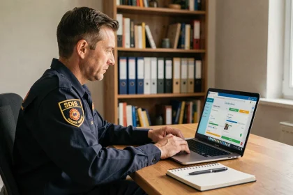 Sapeur-pompier en uniforme SDIS suivant une formation en ligne sur son ordinateur portable depuis son bureau à domicile